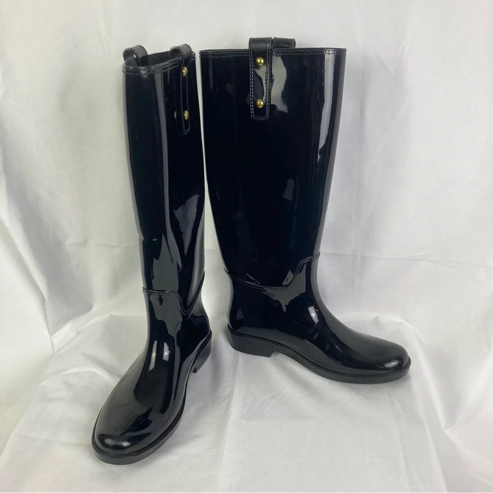 Coach Tasha Signature Gold Buckle Rain Boots Size 7 Patent Black Tall EUC - Picture 5 of 12